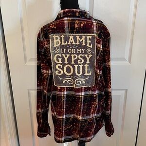 Angry Minnow Blame It On My Gypsy Soul Distressed Burgundy Flannel Shirt L